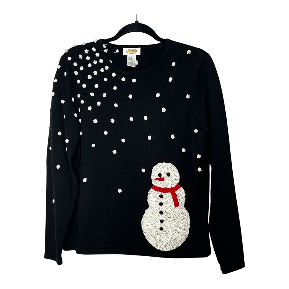 Talbots Womens Black Snowman French Knot Holiday Sweater Crewneck Large Cotton